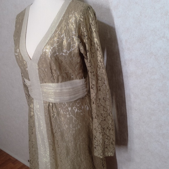 NWOT Laundry Gold Lame Lace Cream Lining Zip Closure Cotton/Nylon Midi Dress Sz8 - Picture 7 of 11